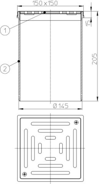 Aufsatz d 145mm glatt, Edelstahlrahmen 150x150mm (V2A) / Edelstahlrost 138x138mm (V4A) verschraubbar  HL66